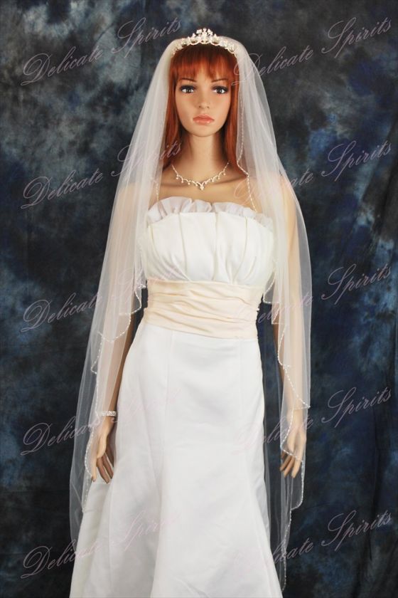 1T White Chapel Beaded Scalloped Wedding Veil  